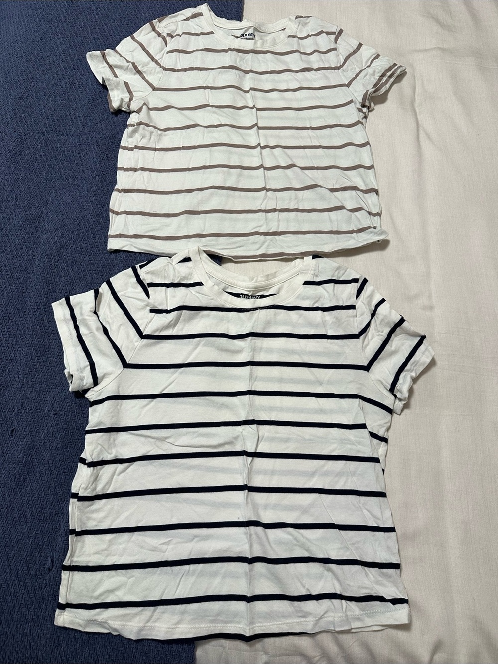 Old Navy Striped Short-Sleeve Tees in White with Navy & Brown Stripes